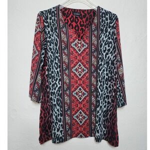 Links Tunic Top Women L Red Excellent Leopard Geometric V-Neck 499A